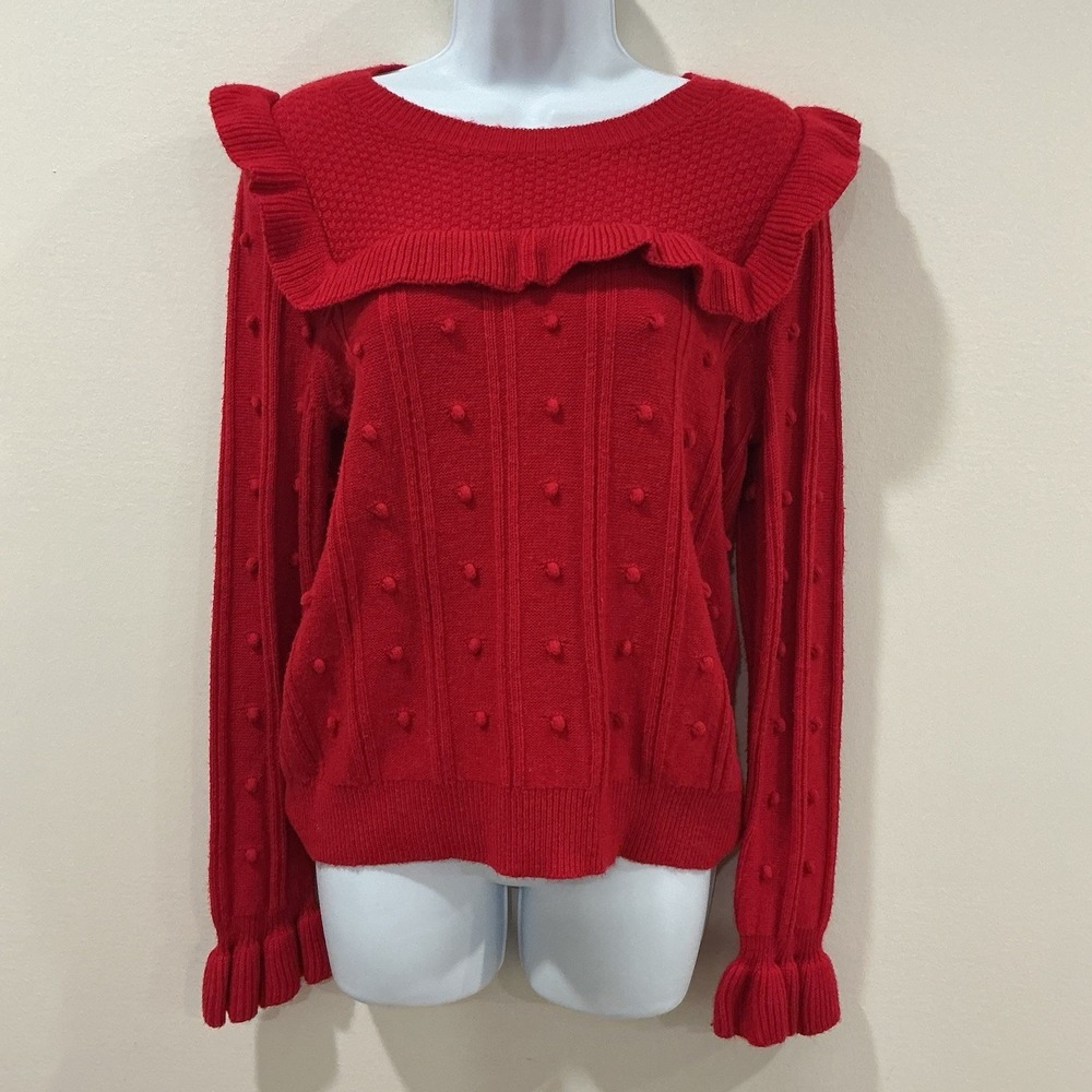 Kate Spade Sweater Womens Small Red Ruffle Pom Pom Christmas Wool Blend